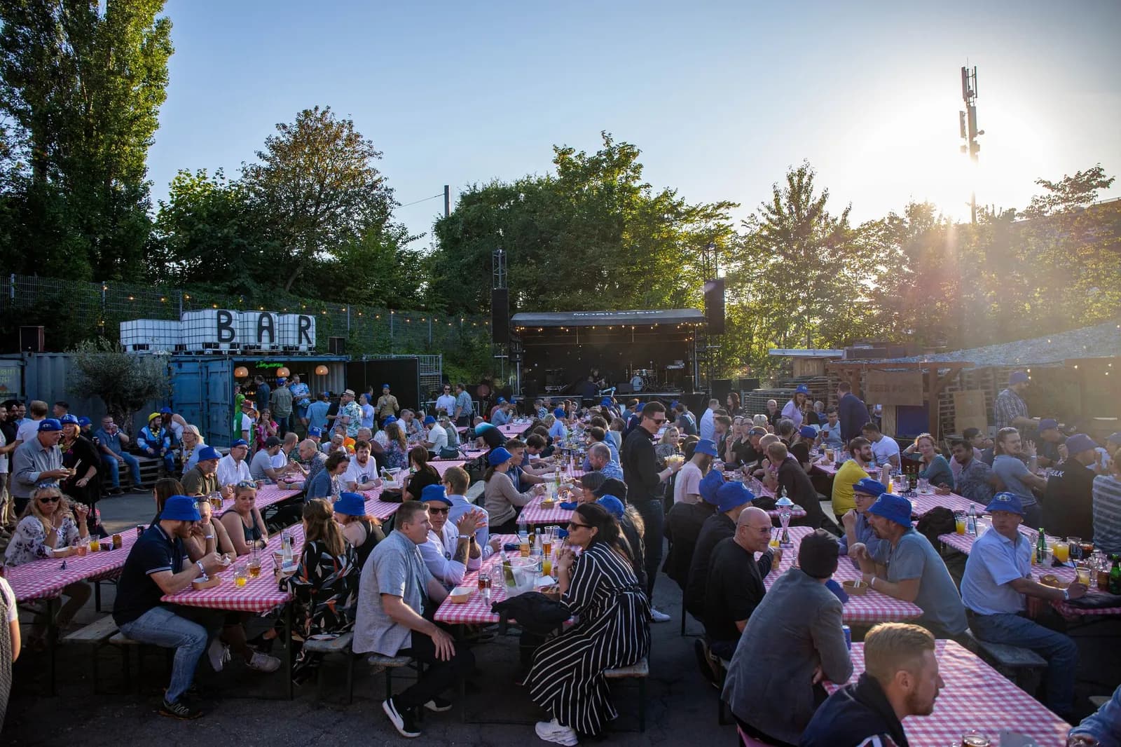Gæster ved langborde udendørs til sommerfest